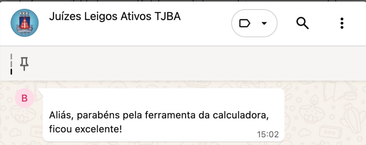 Endosso do grupo Juízes Leigos Ativos TJBA — calculadora